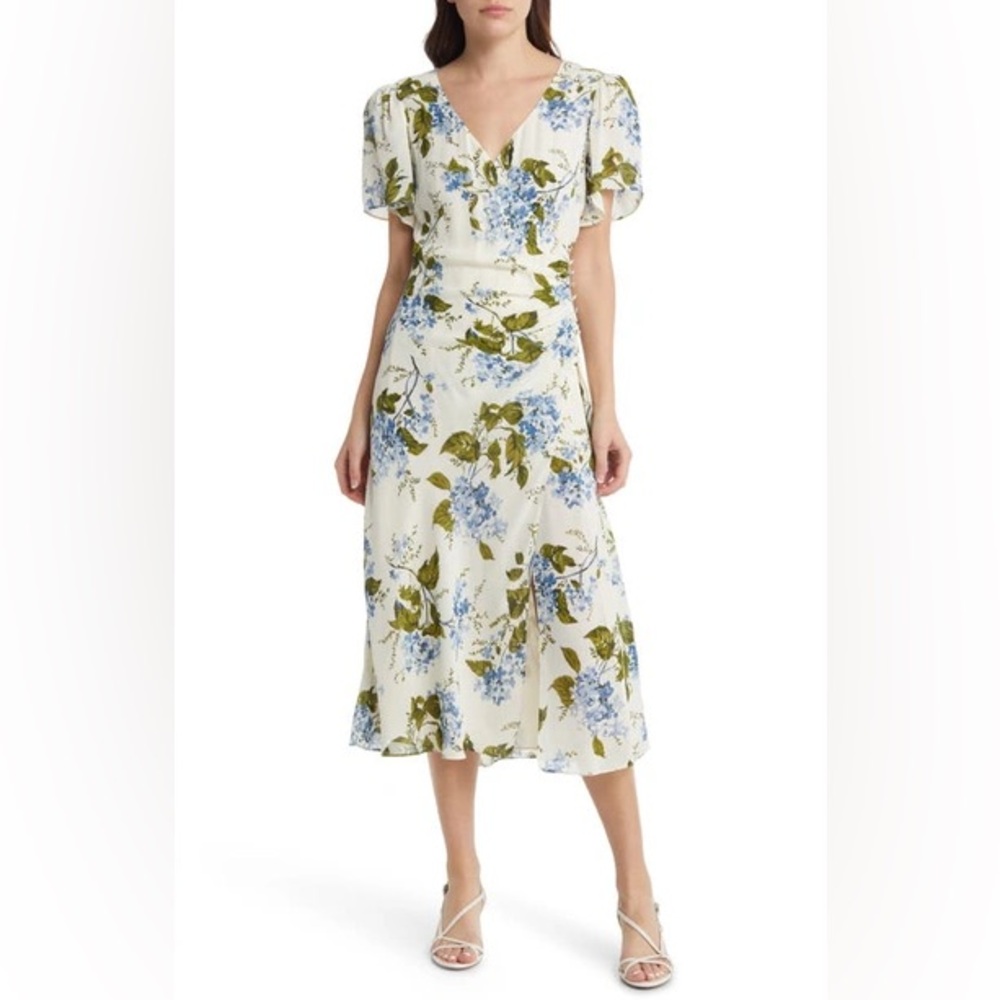 Reformation Breanna Midi Dress in White, Green and Blue